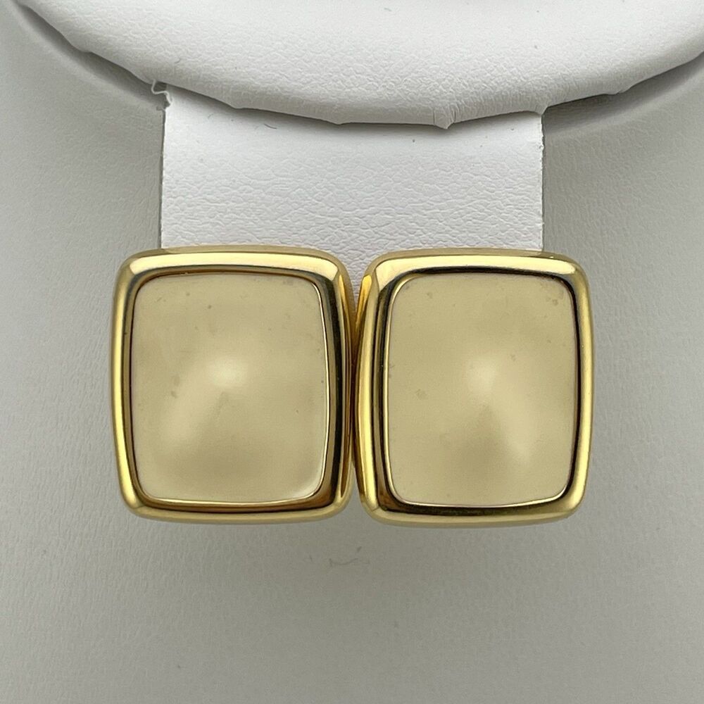 Vintage Monet Cream and Gold Tone Stud Rectangular Pierced Minimalist Earrings